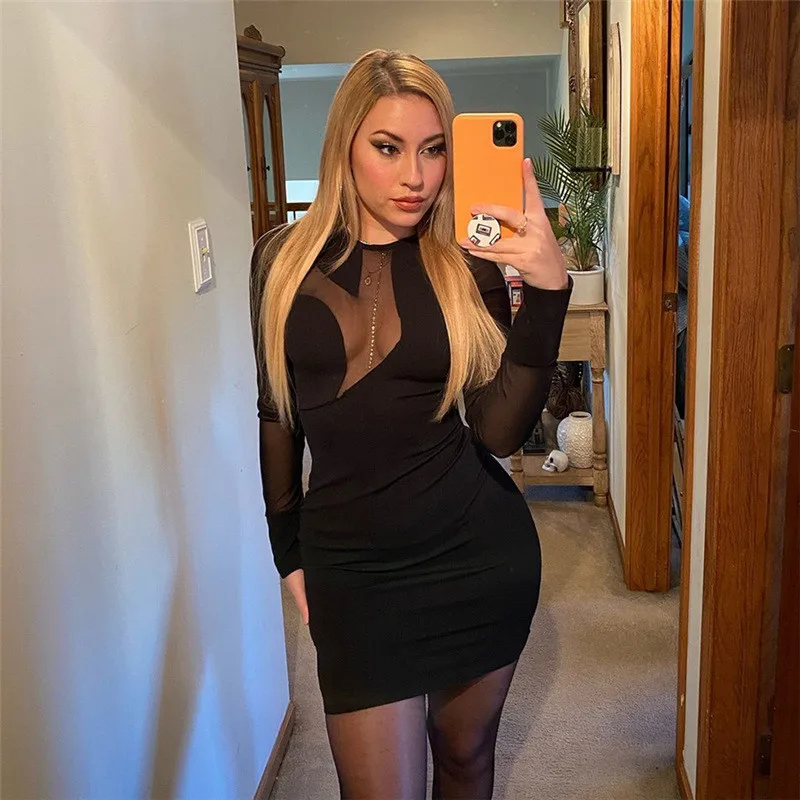 

2021 Winrter Mesh Sheer Dress Women Sexy Solid O-Neck Patchwork Long Sleeve Dresses Female Bodycon Party Dress Vestidos Robes