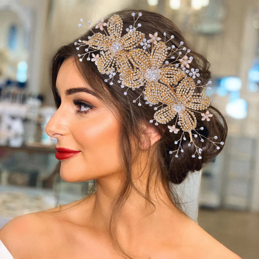 

HP252 Golden Bride Headdress Alloy Flower Headband Bridal Accessories Rhinestone Wedding Hair Ornaments Tiara for Women