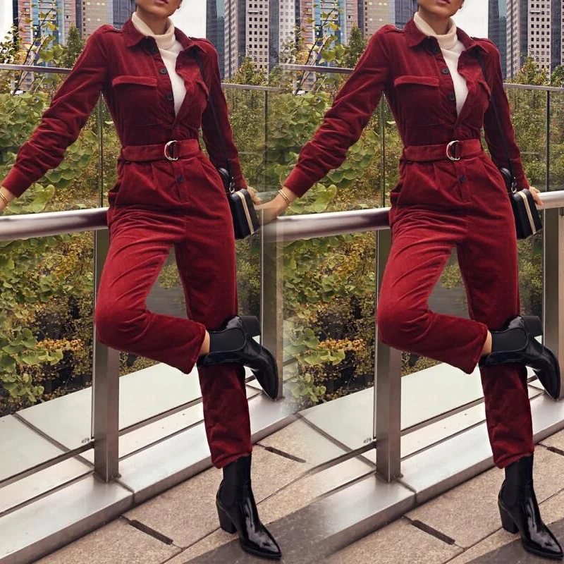 Женский нагрудный воротник с длинным рукавом комбинезон на кнопках однотонный