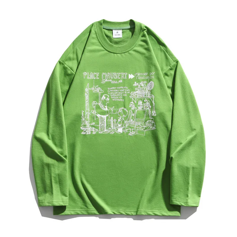 

Men Women Illustration Printed Long Sleeve Tee Fashion Streetwear Mens Shirts Cotton Loose Casual Round Neck Oversize Tops 2021