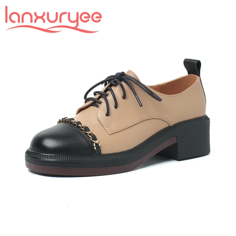 

Lanxuryee big size causal shoes genuine leather round toe thick med splicing mixed colors heels cross-tied fretwork pumps l02