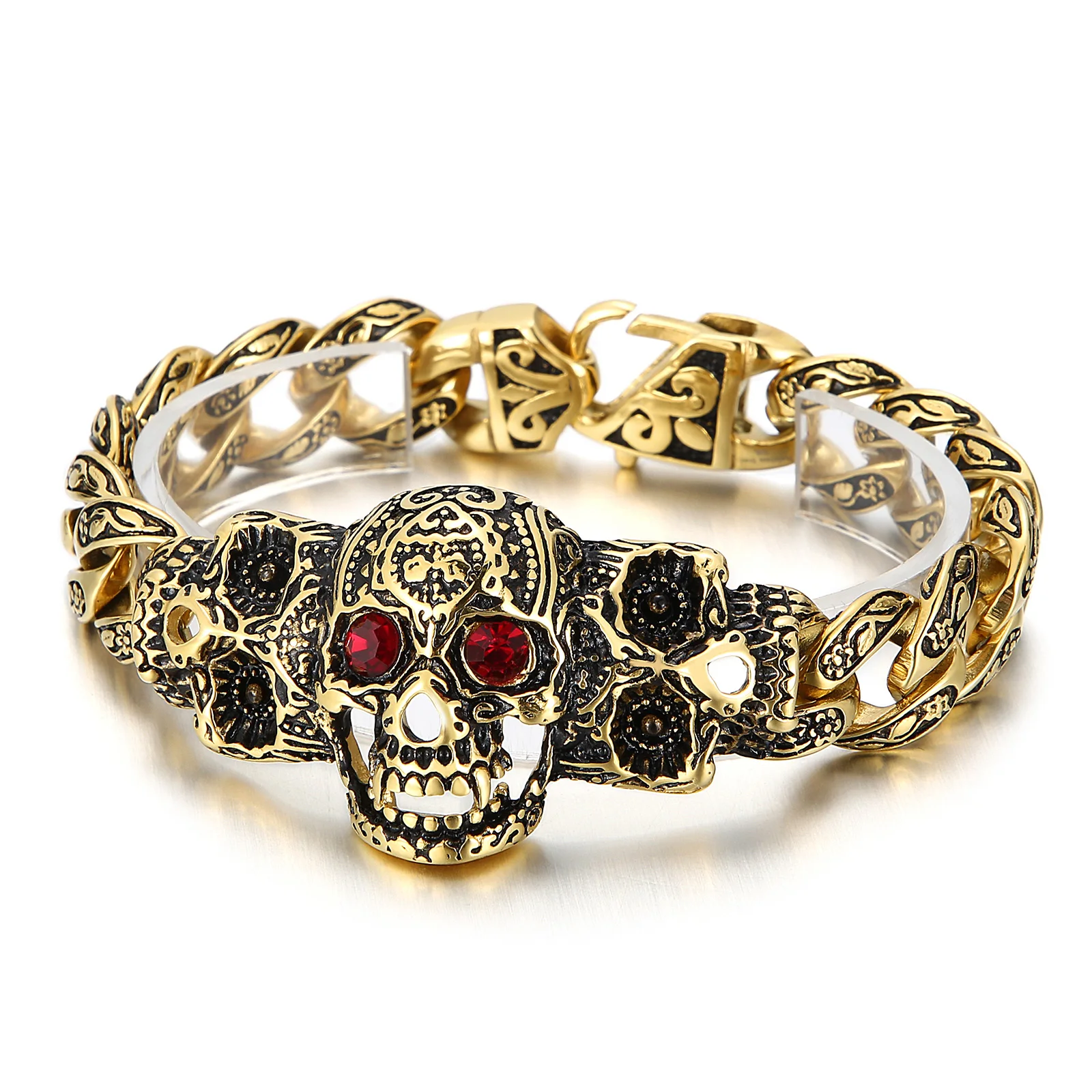 

15mm Punk Ghost Head Chain Bracelet Men's Stainless Steel 316L Gold/Silver Double Skull Charm Bracelet Jewelry