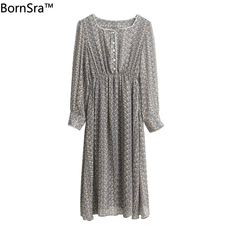 

BornSraFloral Print Chiffon Dress 2020 Spring Summer Flare Sleeve Ruffles Elastic Slim Waist Female Midi Dress Chic Vestidos
