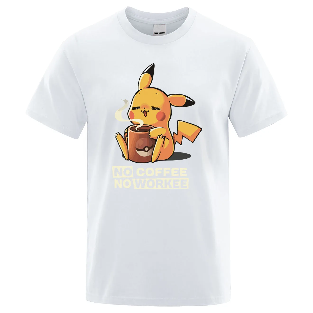 Футболки NO COFFEE NO WORKEE, Пикачу, футболка Pokemon, повседневные мужские футболки с круглым вырезом, Забавные футболки, черные мужские топы, брендовая одежда