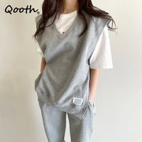 qooth solid all match fashion two piece suit v neck loose split patch vest sweater and high waist sports casual thin pants qt906