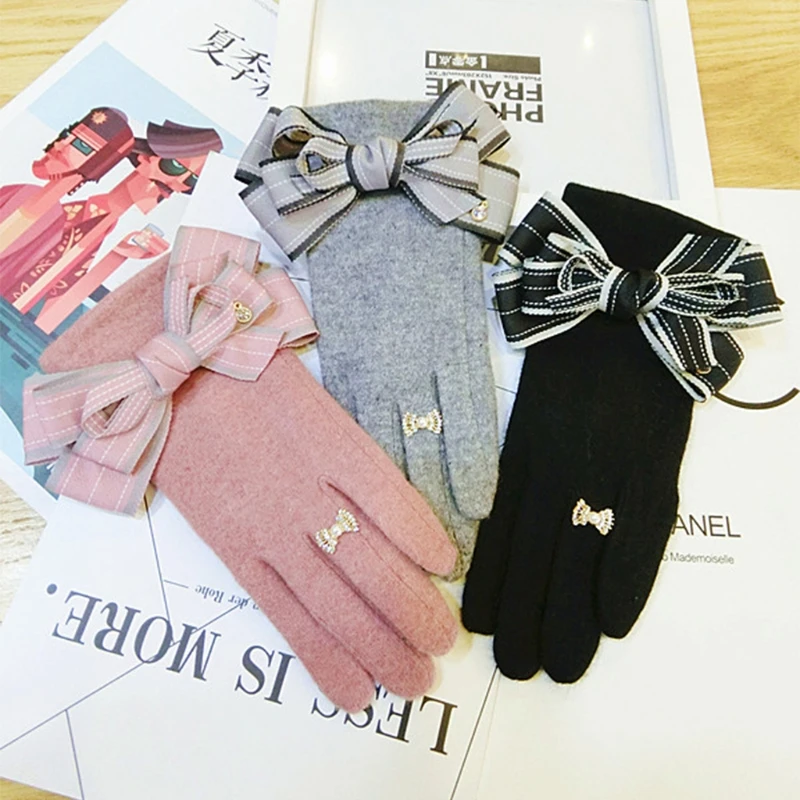 

Fashion Cashmere Thick Gloves for Men & Women Multi Color Cute Bow Decor Windproof Warm Autumn Winter Full Finger Gloves 너클
