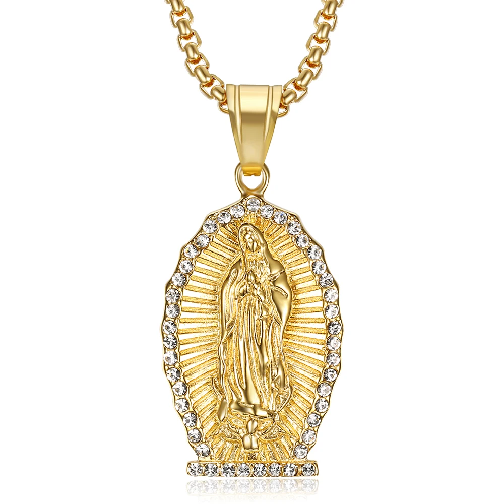 

Hip Hop Iced Out Virgin Mary Pendant Gold Color Stainless Steel Chains For Women Madonna Necklace Christian Jewelry Dropshipping
