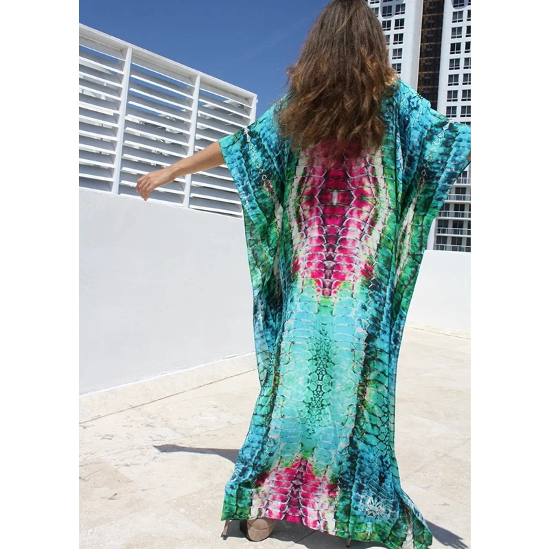 Пляжная накидка туники для пляжа шифоновый длинный кафтан с принтом на бикини