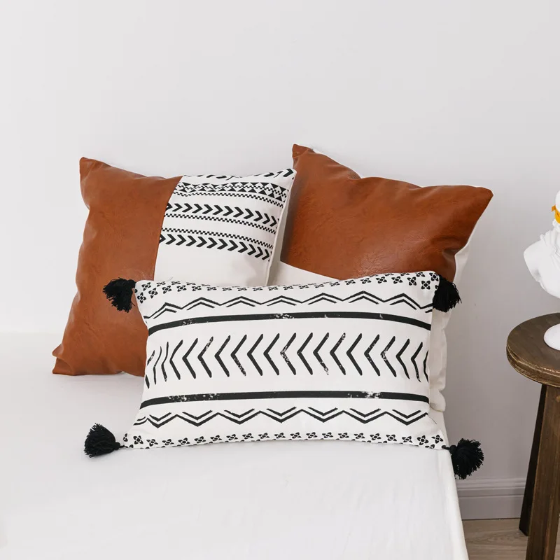 

45X45CM/50x30cm white black geometric printed brown PU leather cushion cover sofa lumbar pillow cover waist pillowcase