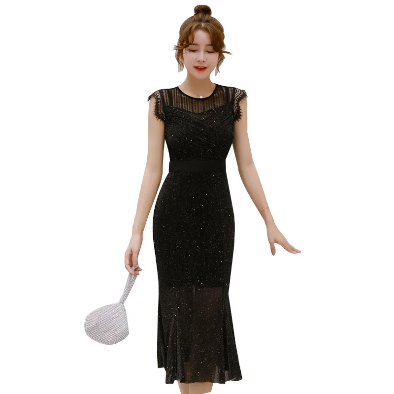 Женское газовое платье с юбкой годе черное Бандажное без рукавов О-образным