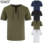 Мужская ажурная футболка с коротким рукавом, с V-образным вырезом, летняя повседневная Однотонная футболка, 2020