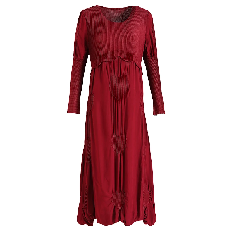 

Plus Size Dress For Women 45-75kg 2021 Spring And Autumn New Round Neck Elastic Loose Miyake Pleated Mid Calf Casual Dress