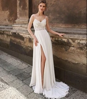 boho beach wedding dresses 2021 chiffon a line side slit spaghetti strap bohemian long simple bridal gowns open back white ivory