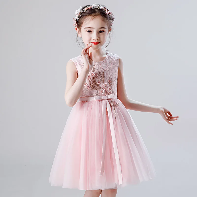 

Cute Little Girls Mesh Sleeveless Model Show Sundress Children Birthday Evening School Graduation Dress Fashion Show Ball Gown