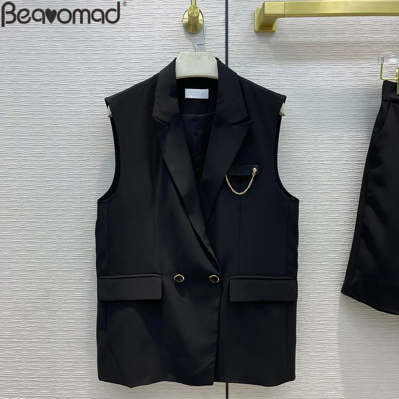 Bearomad 2021Fashion Woman Black Shorts Suit Lapel Sleeveless Straight Type Long Style Coat + Solid Loose Half Pants 2 Piece Set