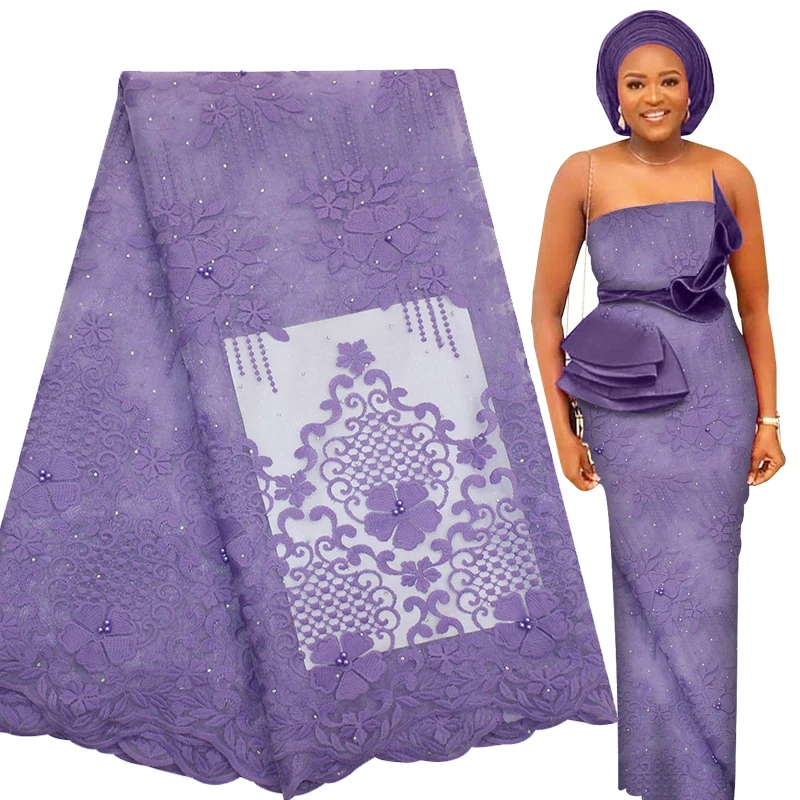 

Bestway Beaded African Lace Fabric 5 Yards High Quality Embroidery French Tulle with Rhinestones Nigerian Women Sewing Material