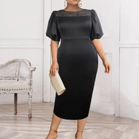 vintage black dress big size 4xl summer puff sleeve lace bodycon midi pencil curve dress office party outfit women evening 2021