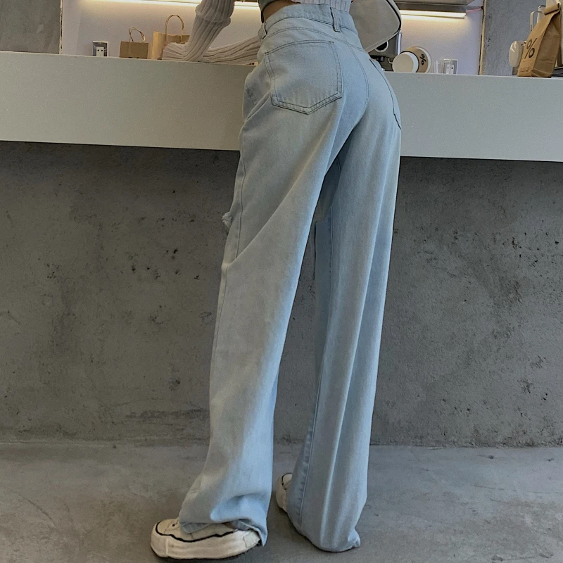 

High Waist Hole Ripped Straight Mom Jeans Women Casual Y2K Streetwear 90s Baggy Wide Leg Boyfriend Pants Hollow Denim Trousers
