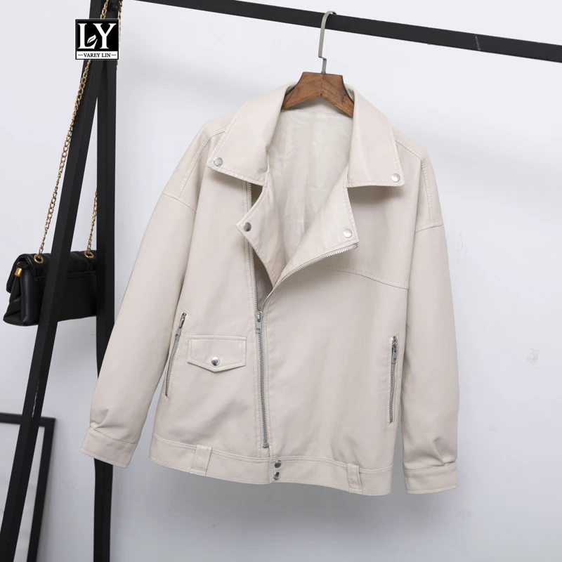 

Ly Varey Lin Autumn Women Faux Leather Jacket Loose Soft Pu Motorcycle Black Punk Jacket Turndown Collar Zipper Rivet Overcoat