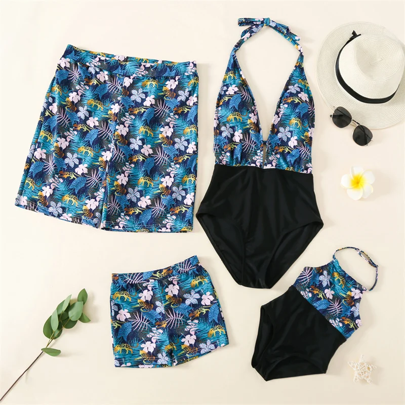 

2021 Parent-child Swimsuit European and American Sling V-neck One-piece Mother Kids Family Swimsuit Beach Holiday Swimwear