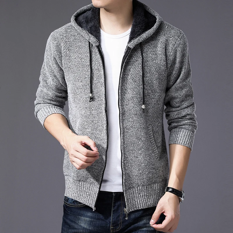 Sweater Coat Men 2020 Winter Thick Warm Hooded Cardigan Jumpers Men Striped Wool Liner Zipper Fleece Coats Men