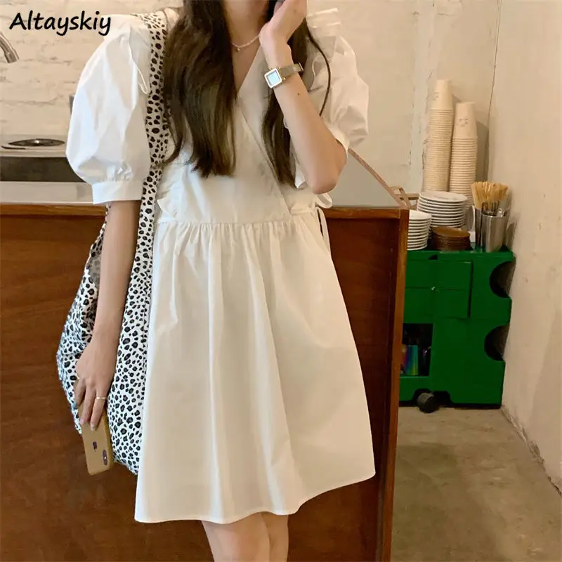 

Puff Short Sleeve Dress Women V-neck Fresh Design A-line Sweet Mini Dresses Belt Solid Ruffles Mujer Vestidos Fashion Ulzzang