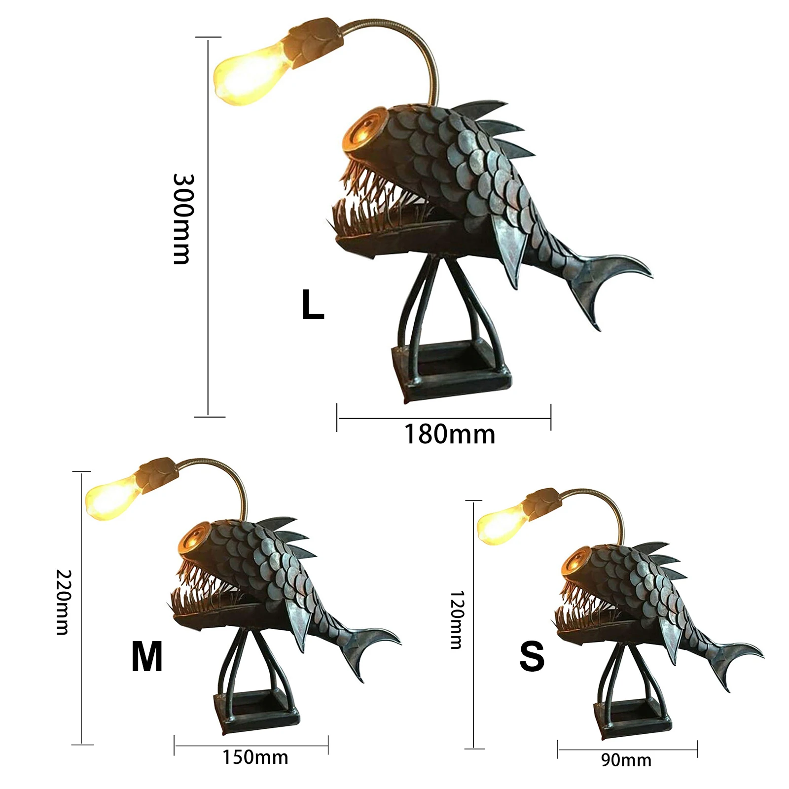 

Handmade custom angler fish light art style retro LED night light art light metal USB shark table lamp three sizes