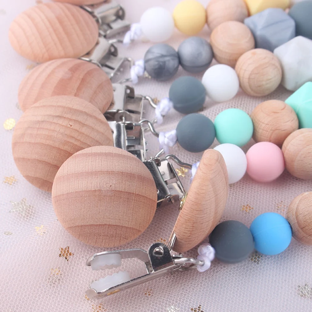 Wooden Nipple Holder Clip Chain Wood Beads Love Heart Baby Girl Boy Teether Soother Pacifier Clips Leash Strap | Мать и ребенок