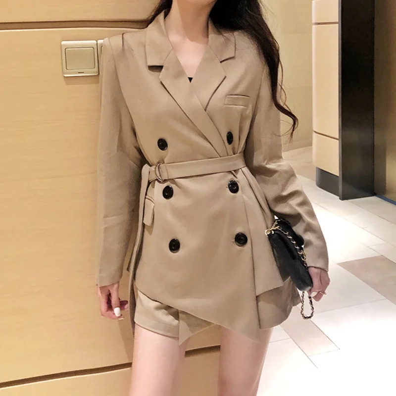 Korean Fashion 2 Piece Sets Women Buttons Suit Blazers And Shorts Long Sleeve Blazer High Waist Shorts Sashes Office Lady Chic