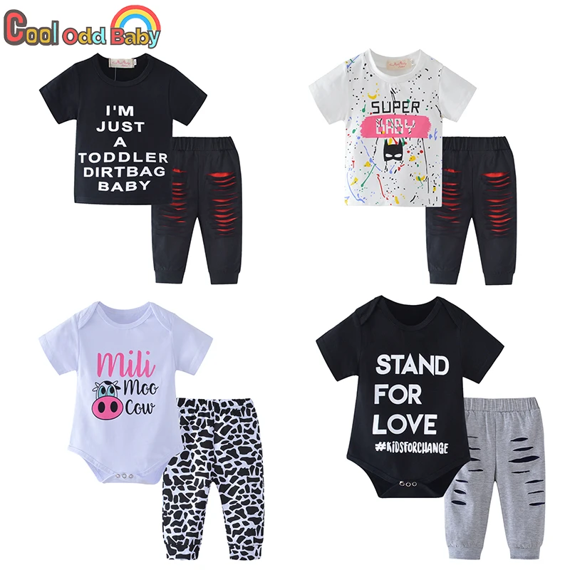 Summer Infant Baby Boys Girls Clothes Set Fashion Newborn Toddler Clothing Short Sleeve Letter Print Tops Pants Casual Outfits