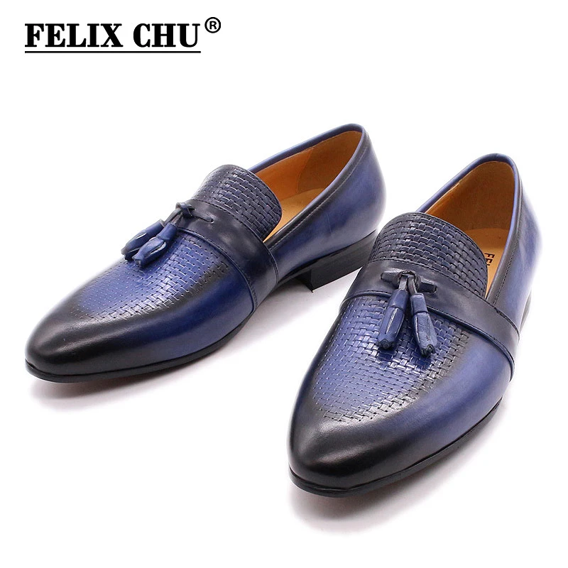 FELIX CHU Men's Tassel Loafers Blue Black Genuine Leather Luxury Brand Casual Shoes Handmade Mens Wedding Comfortable | Обувь