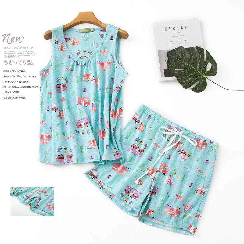Size Dames Plus Pyama Cotton Print Vest +shorts Summer 2021 Everyday Sleepwear Loose Pajamas For Women Lingerie Soft