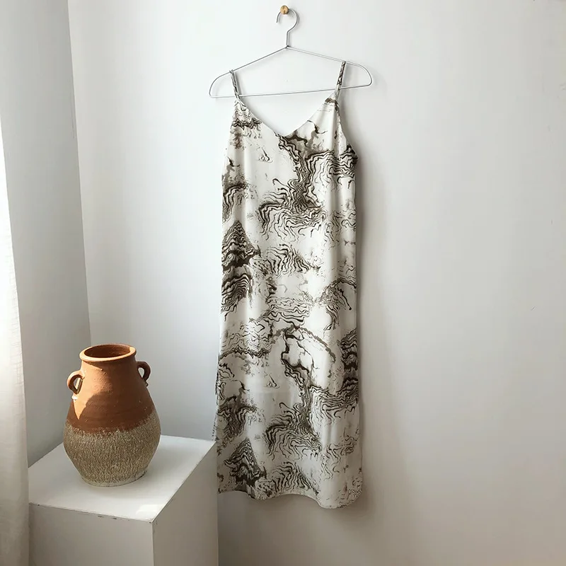 

Summer style retro cold wind French chiffon suspender skirt ink painting print dress mid-length skirt