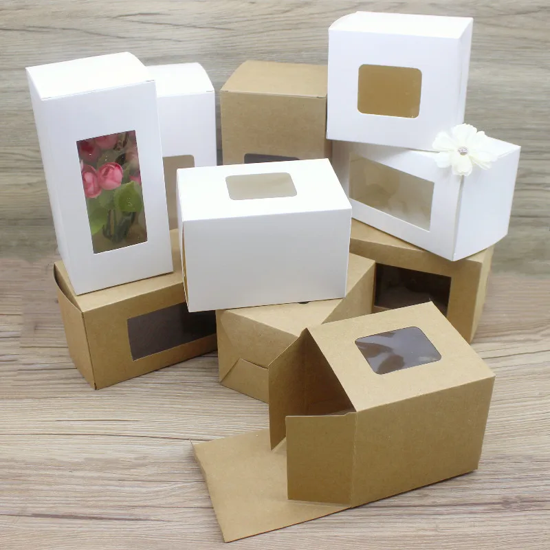 

zerong 50pcs wholesale gifts package box 8X8x10/12/14/16x20cm retangluar window box kraft white gifts candy party wrapping