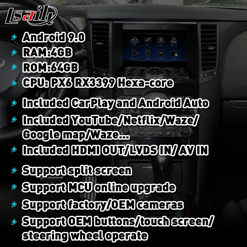 Lsailt 4 Гб CarPlay/Android мультимедийный интерфейс для Infiniti FX50 2014 2018 с YouTube NetFlix Spotify EX JX|GPS