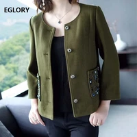 plus size coat jacket 2020 autumn winter outerwear women sequined beading pocket patchwork single breasted dark green khaki coat
