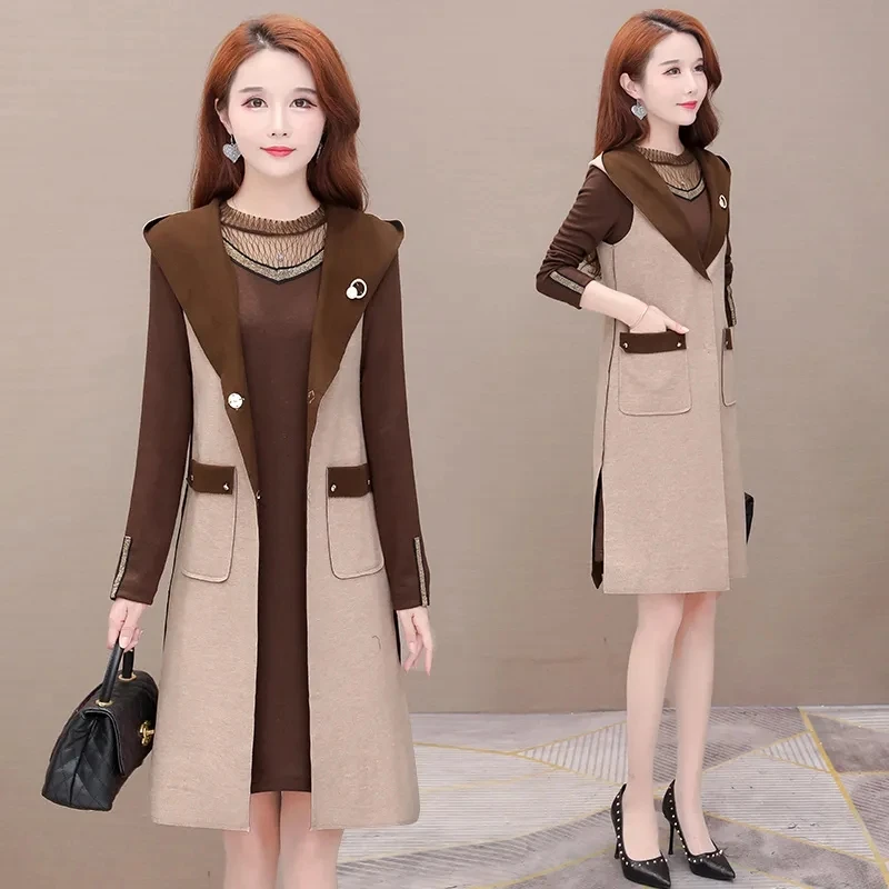 

Женский офисный комплект из двух предметов, элегантный тонкий шерстяной жилет с капюшоном средней длины и базовое платье с длинным рукавом