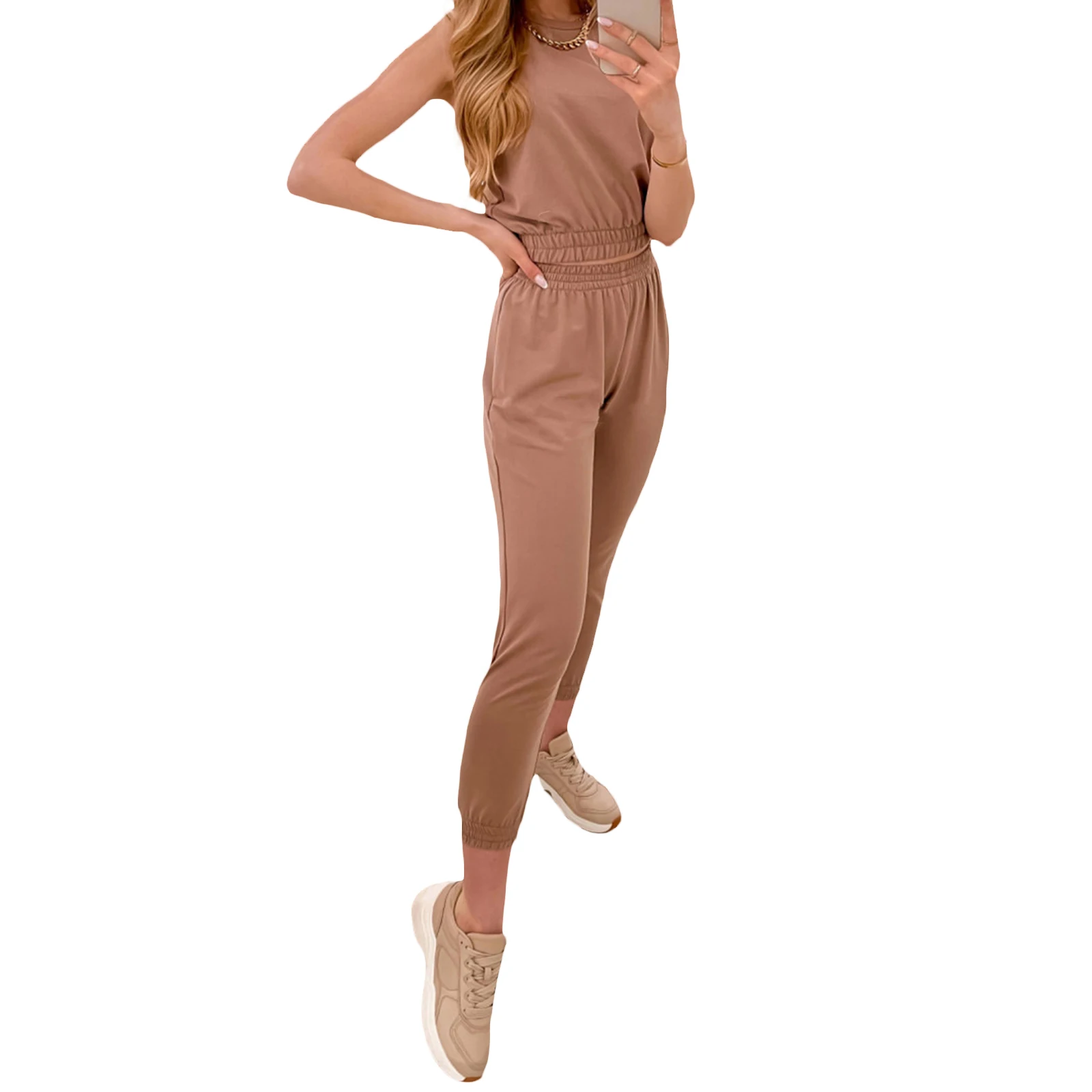 

Women’s Casual Two Piece Clothes Fashion Solid Color Cropped Vest and High Waist Pencil Pants