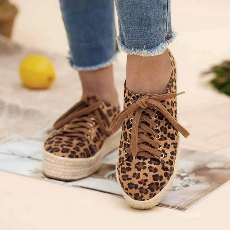 leopard C Puimentiua Fashion Women Ladies Espadrille Shoes Canvas Thick bottom Flats Shoes Girls Lace up Round Toe Casual Flats - Цвет: leopard C