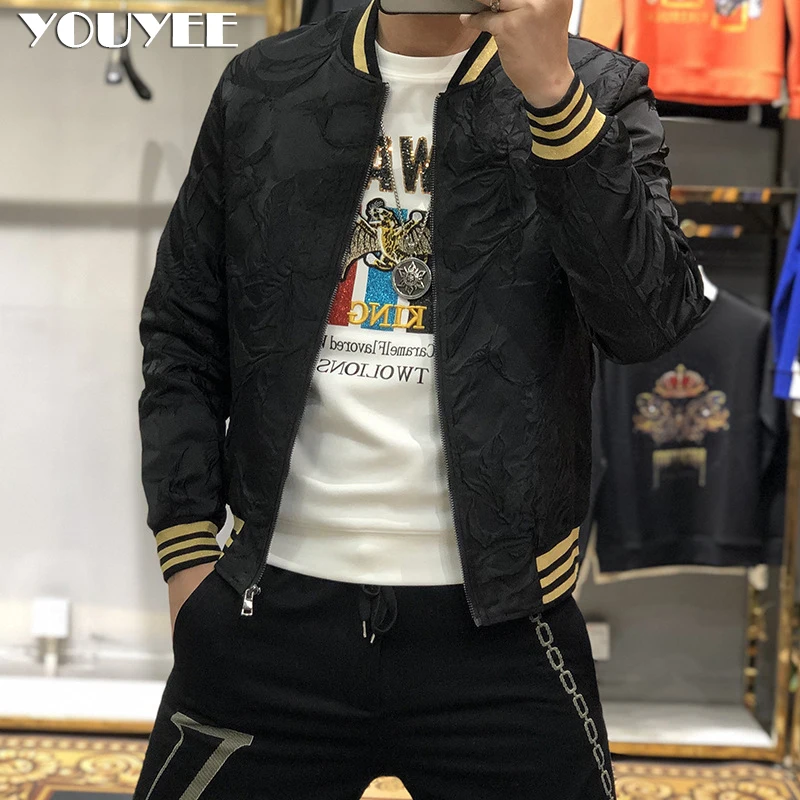 

Winter Luxury Print Black Men Jacket Gold Embroidery Baseball Rib Sleeve Slim Coats Fashion Club Young Men Clothing M-5XL