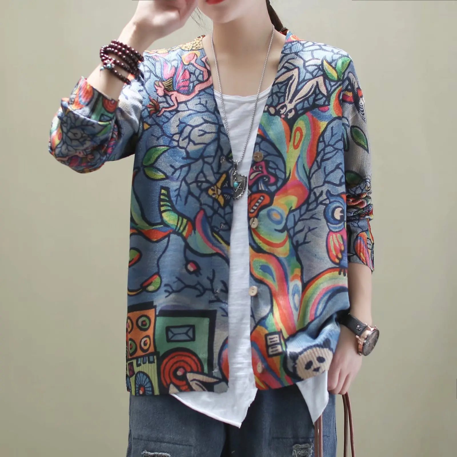 2020 Spring Autumn Sweater Women Retro Loose Cardigan All-match Tops New V-Neck Print Knitting Casual Coat |