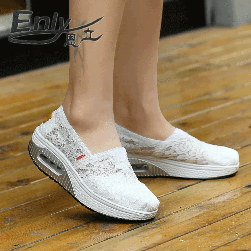 

Summer Lace Women Casual Shoes Breathable 5CM Height Increasing Shoes Woman Party Sexy Elegant Fretwork Heels Promotion Designer