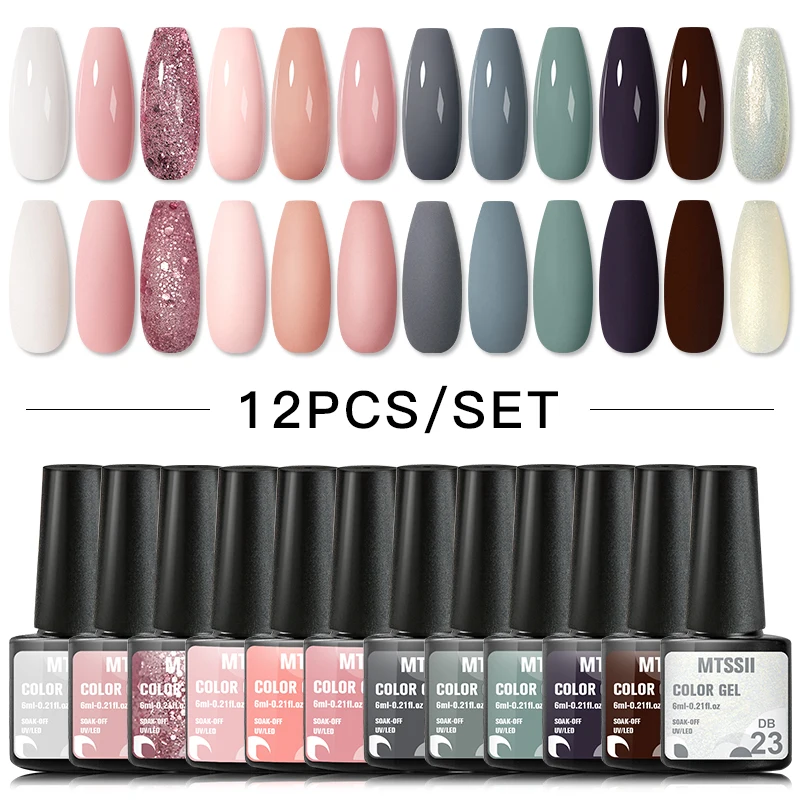 

Mtssii 12pcs/set Color Gel Nail Polish Semi Permanent Glitter Varnish Soak Off UV Gel DIY Manicure Lacquers With Base Top Coat