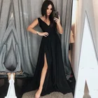 Соблазнительные Черные атласные вечерние платья Clour с разрезом по бокам, с V-образным вырезом, длиной до пола, ТРАПЕЦИЕВИДНОЕ платье для выпускного вечера, новый уникальный дизайн