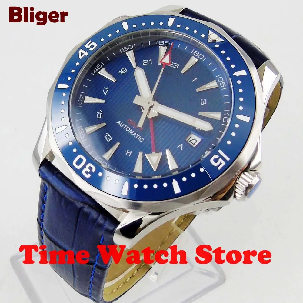 

2019 New 41mm Bliger GMT Automatic watch men luxury 3ATM waterproof blue dial leather strap ceramic Bezel luminous sapphire 839