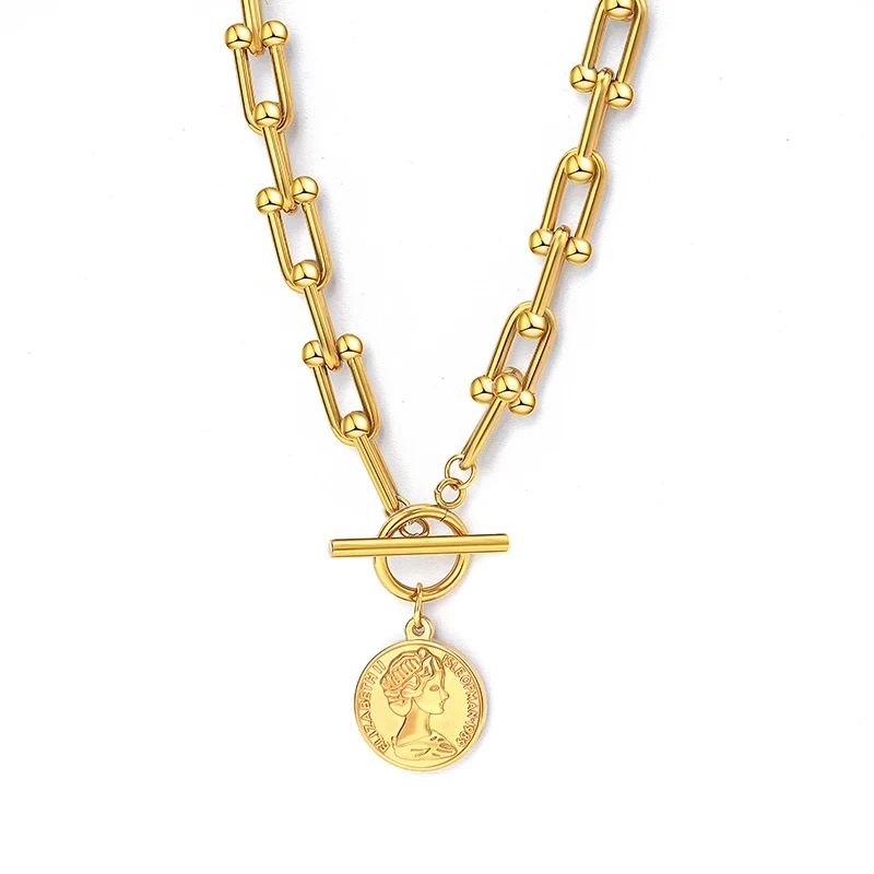 

2021New Fashion Stainless Steel Coin Pendant Necklace For Women U-shape-Heavy Padlock Chain Gold Color Vintage Choker