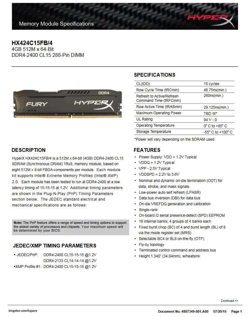 Оперативная память kingston HyperX DDR4, 4 ГБ, 8 ГБ, 2400 МГц, 16 ГБ = 2 шт. X 8 г, CL15, 1,2 в, 288pin, оперативная память для настольных ПК для игр