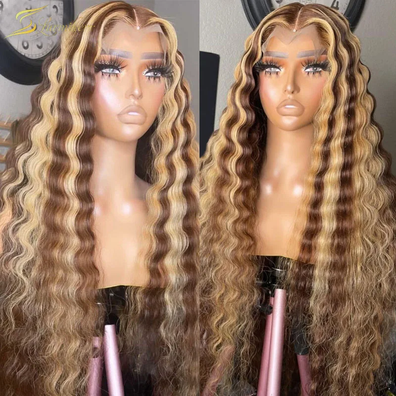 

360 Ombre Blonde Highlight Deep Wave Frontal Wig Colored Brown Curly 13x4 Lace Front Human Hair Wigs Full Preplucked For Women