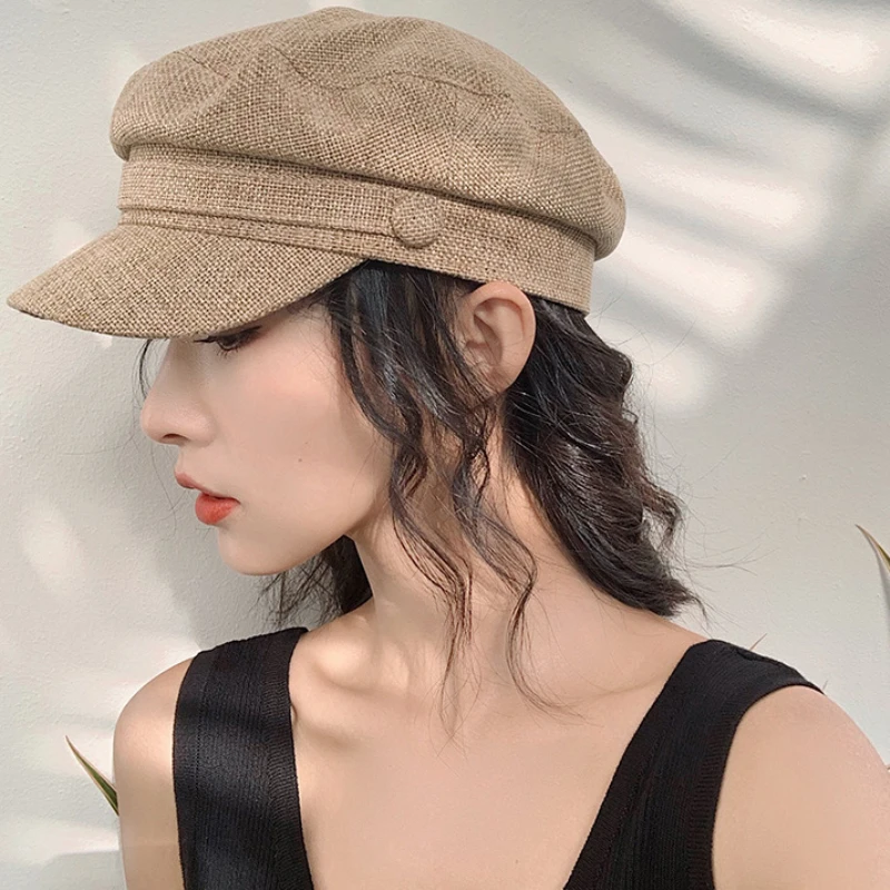 

MZ2331 Beret Newsboy Cap Men Women Flat Top Sailor Captain Cap Solid Linen Artist Painter Hat Breathable Spring Summer Beret Cap