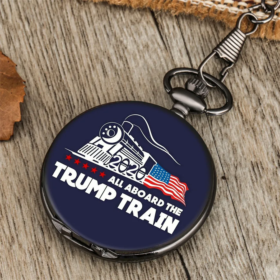 

TRUMP 2020 Theme Printing Quartz Pocket Watches Arabic Numerals Display Antique Black Pendant Fob Chain Retro Pocket Clock